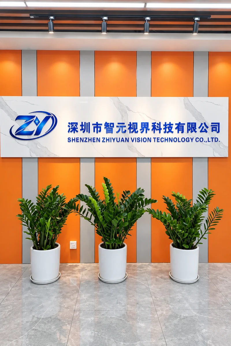 智元视界公司前台：深圳市智元视界科技有限公司招牌与三盆绿植